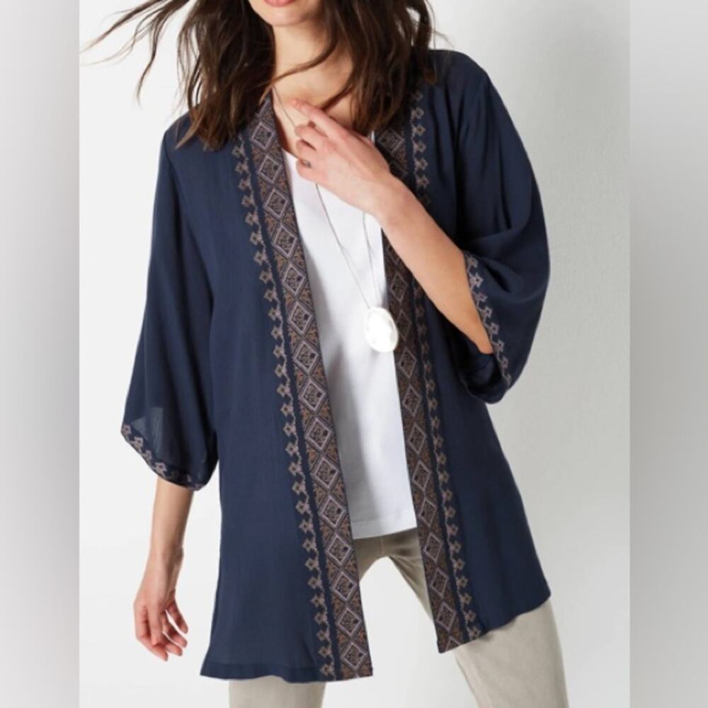 J. Jill Geometric Trim Kimono Navy Blue One Size Fits Most EUC